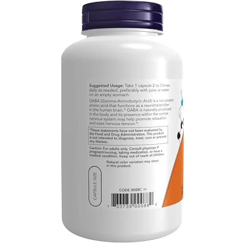 NOW Foods GABA 500 mg Veg Capsules 200 Count | Neurotransmitter Support for Relaxation thumbnail 3