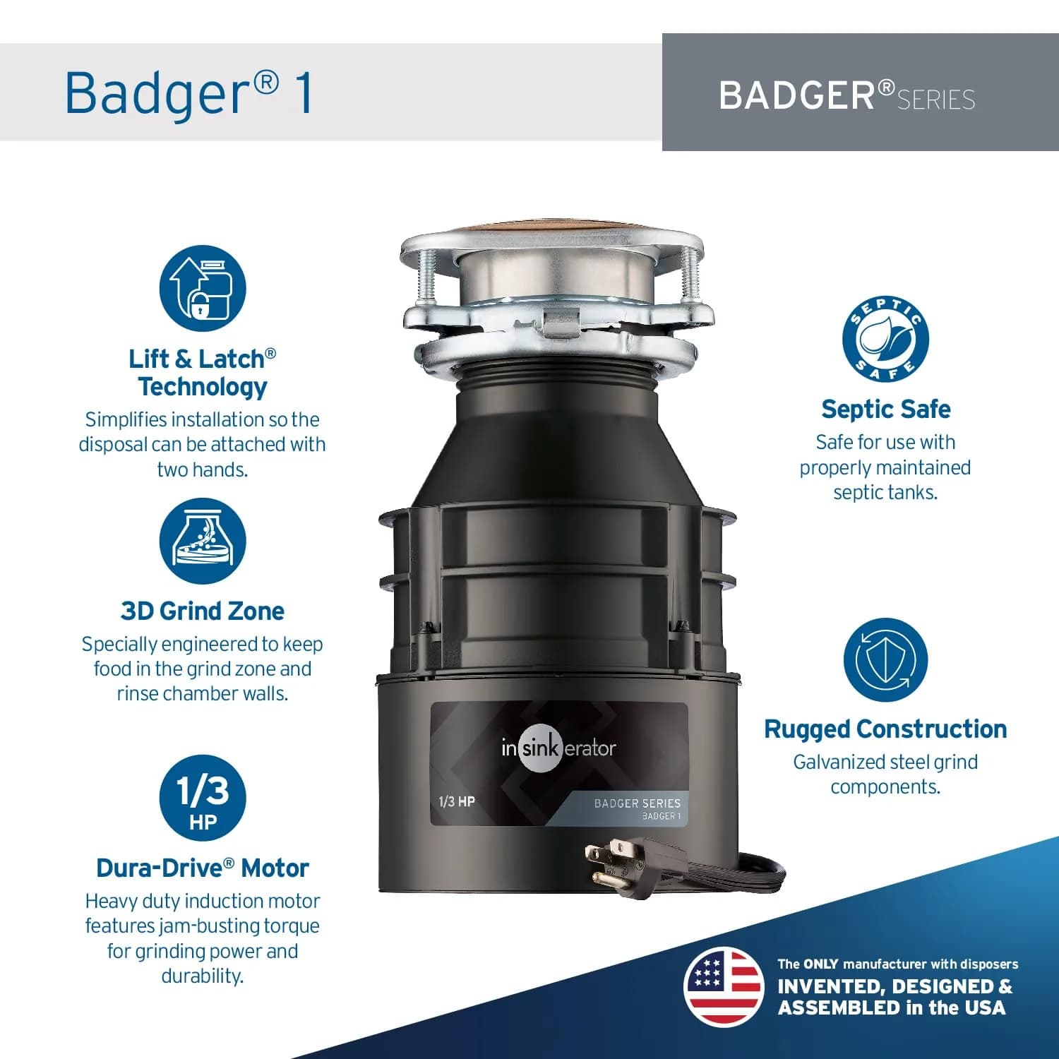 InSinkErator Badger 1 Garbage Disposal with Power Cord, Standard Series 1/3 HP Continuous Feed Food Waste Disposer, Badger 1 W/C thumbnail 2