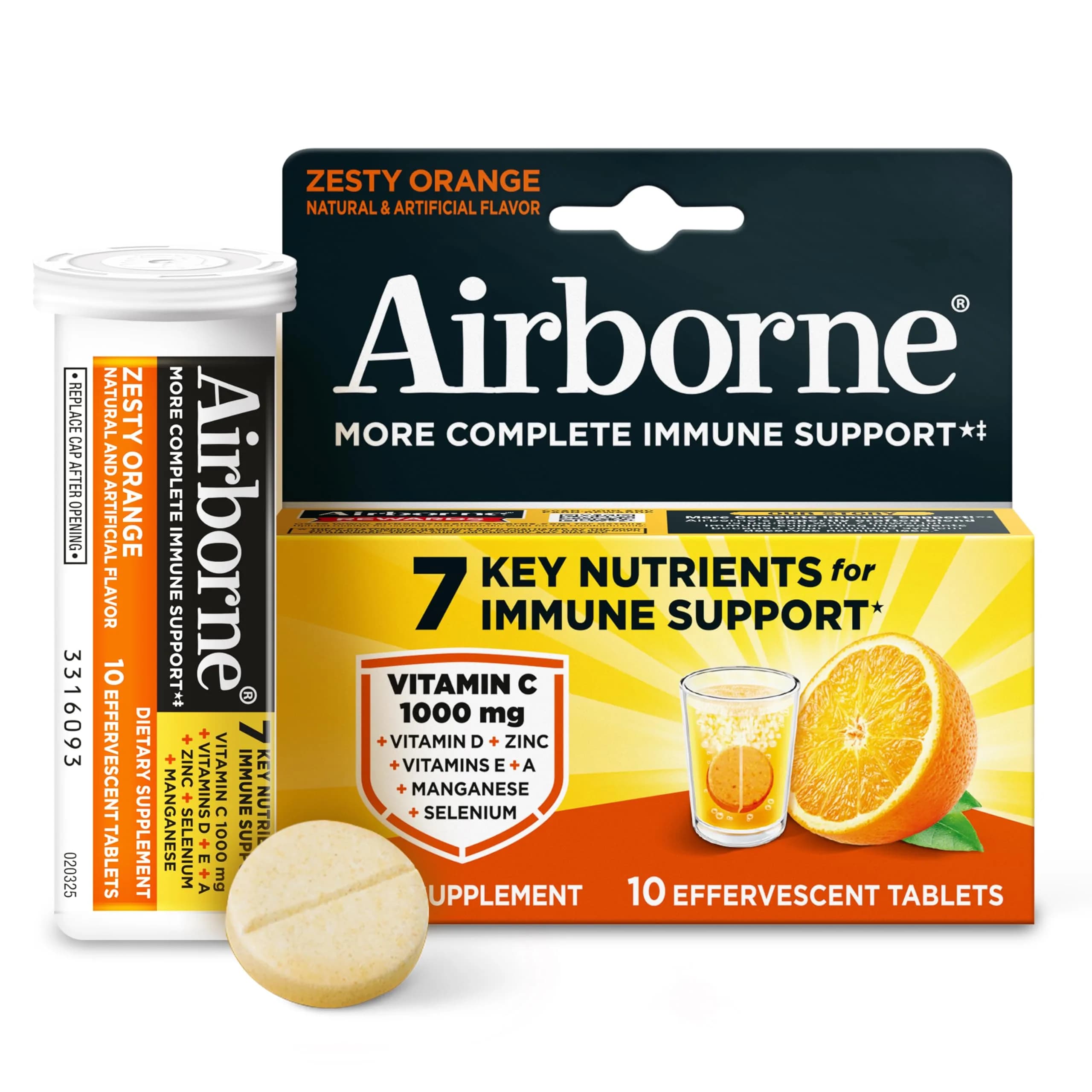 Airborne Immune Support Effervescent Tablets Zesty Orange 10 Count (10 Tablets) | 1000mg Vitamin C + Vitamins A, D, E, Zinc, Selenium, Manganese & Herbal Blend - main product image