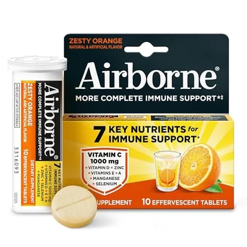 Airborne Immune Support Effervescent Tablets Zesty Orange 10 Count (10 Tablets) | 1000mg Vitamin C + Vitamins A, D, E, Zinc, Selenium, Manganese & Herbal Blend thumbnail 1