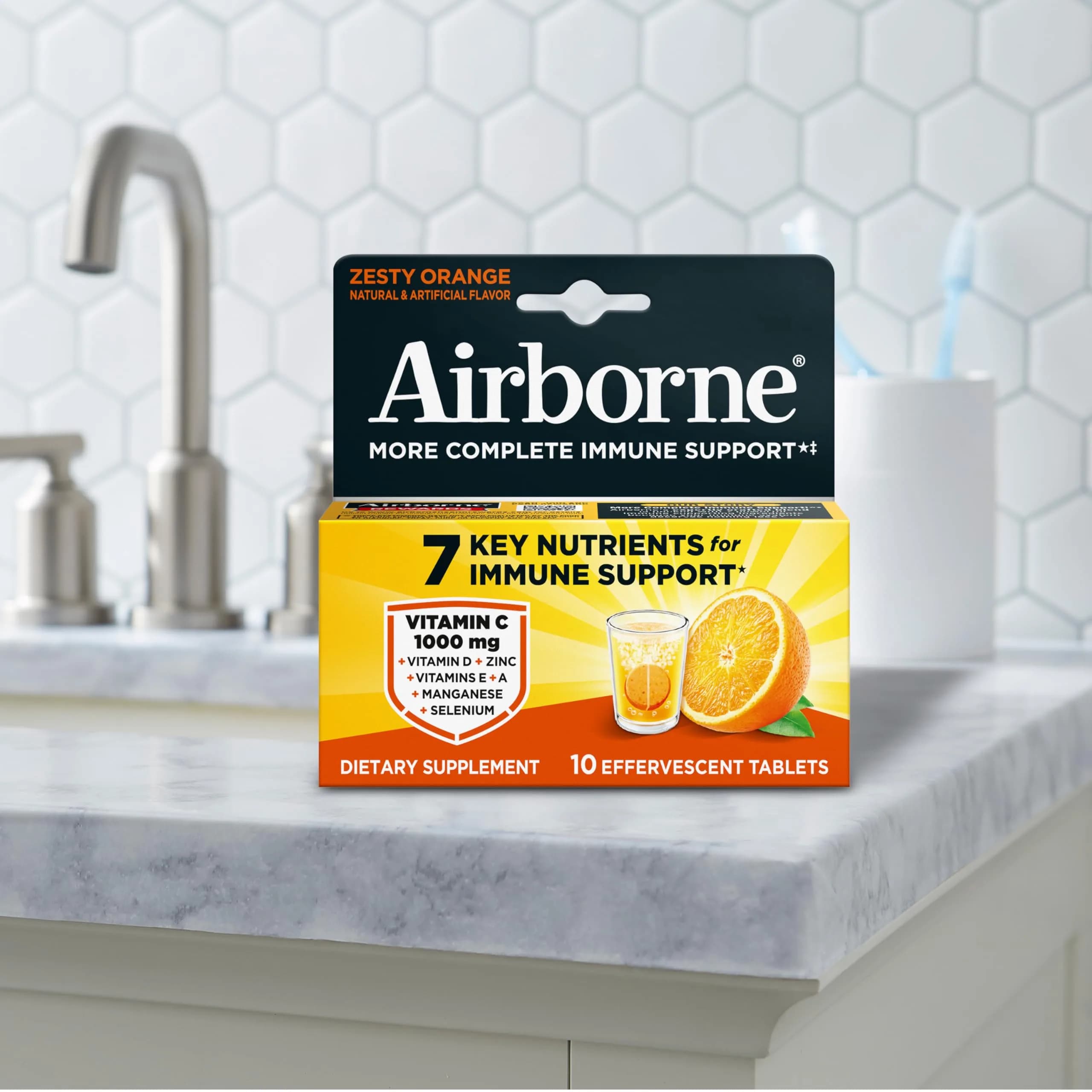 Airborne Immune Support Effervescent Tablets Zesty Orange 10 Count (10 Tablets) | 1000mg Vitamin C + Vitamins A, D, E, Zinc, Selenium, Manganese & Herbal Blend - view 8