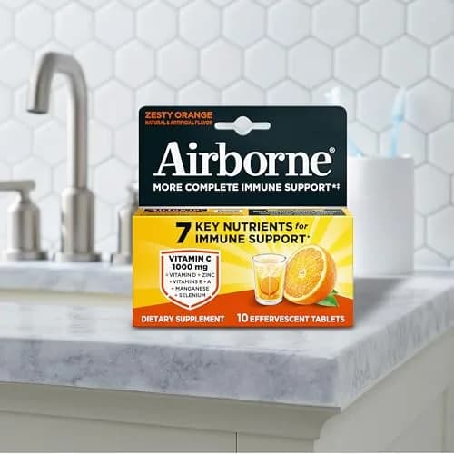 Airborne Immune Support Effervescent Tablets Zesty Orange 10 Count (10 Tablets) | 1000mg Vitamin C + Vitamins A, D, E, Zinc, Selenium, Manganese & Herbal Blend thumbnail 8