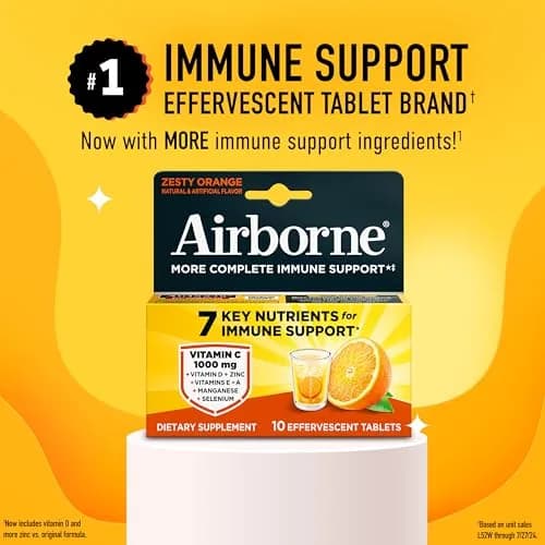 Airborne Immune Support Effervescent Tablets Zesty Orange 10 Count (10 Tablets) | 1000mg Vitamin C + Vitamins A, D, E, Zinc, Selenium, Manganese & Herbal Blend thumbnail 2