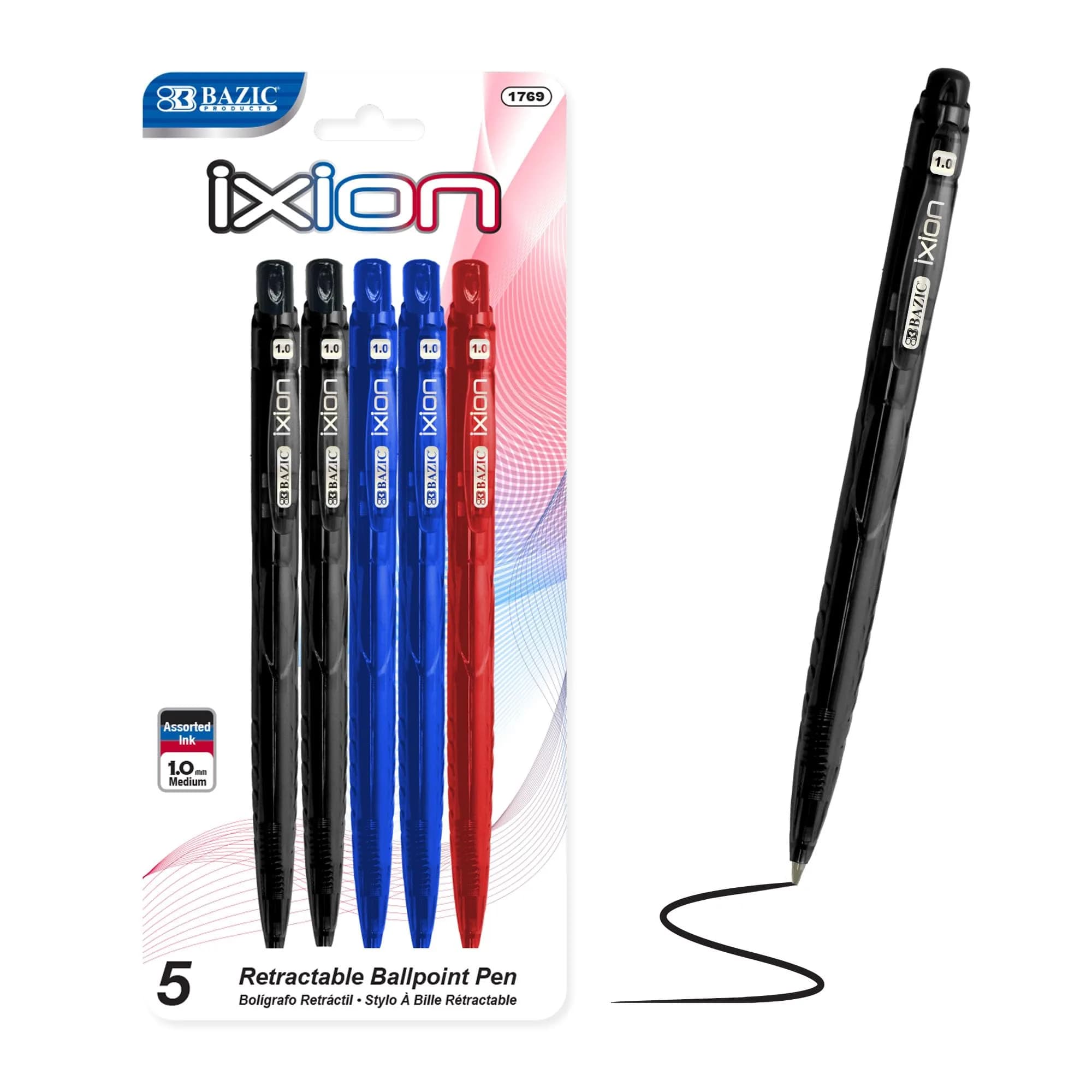BAZIC PRODUCTS Ixion Assorted Color Retractable Pen (5/Pack) | Smooth ink flow, Refillable, 1.0 mm point, Assorted colors, Office & School use