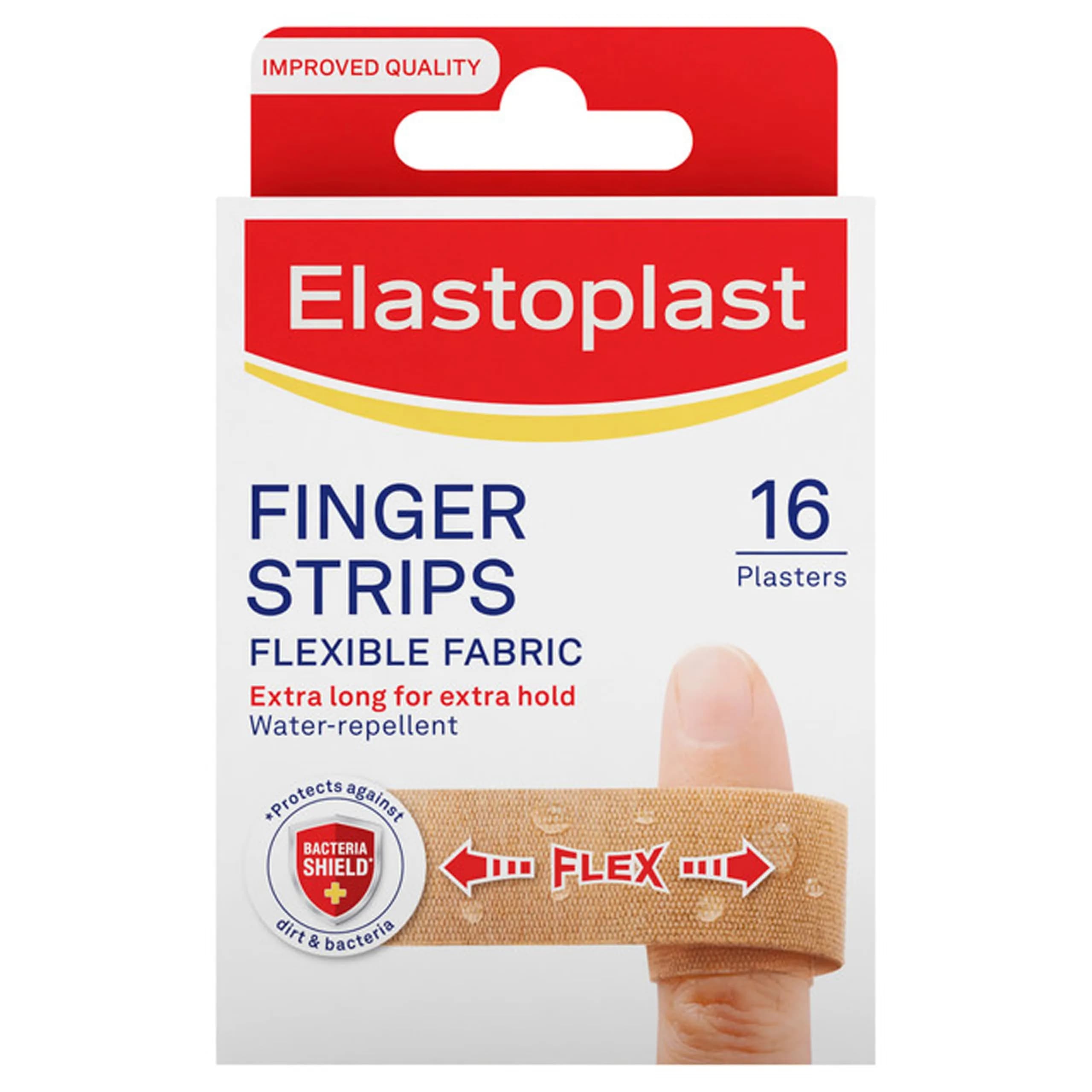 Elastoplast Extra Flexible Finger Strip Plasters 16 Count (Pack of 1) | Extra Durable & Breathable Fabric for Finger Wounds - main product image