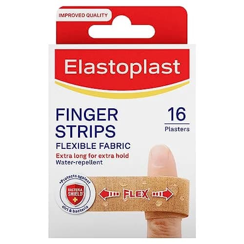Elastoplast Extra Flexible Finger Strip Plasters 16 Count (Pack of 1) | Extra Durable & Breathable Fabric for Finger Wounds thumbnail 1
