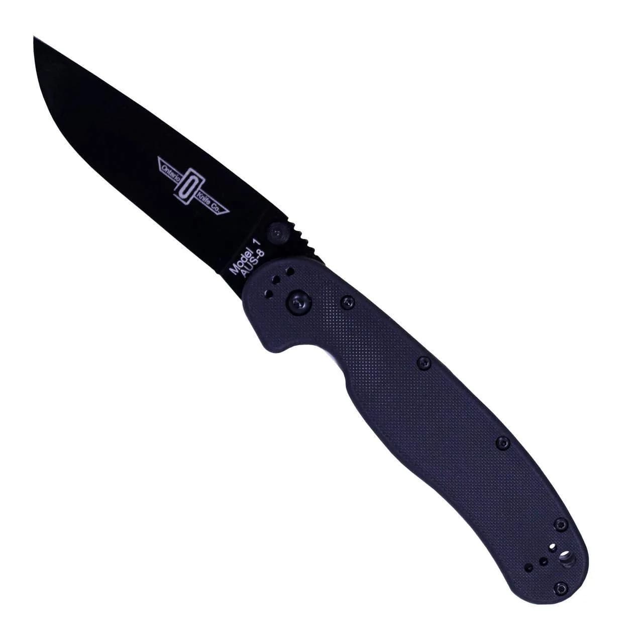 Ontario Knife Company Rat I Folding Pocket Knife 8.5in | AUS-8 Stainless Steel Drop Point Blade, Black Nylon Handle — Black