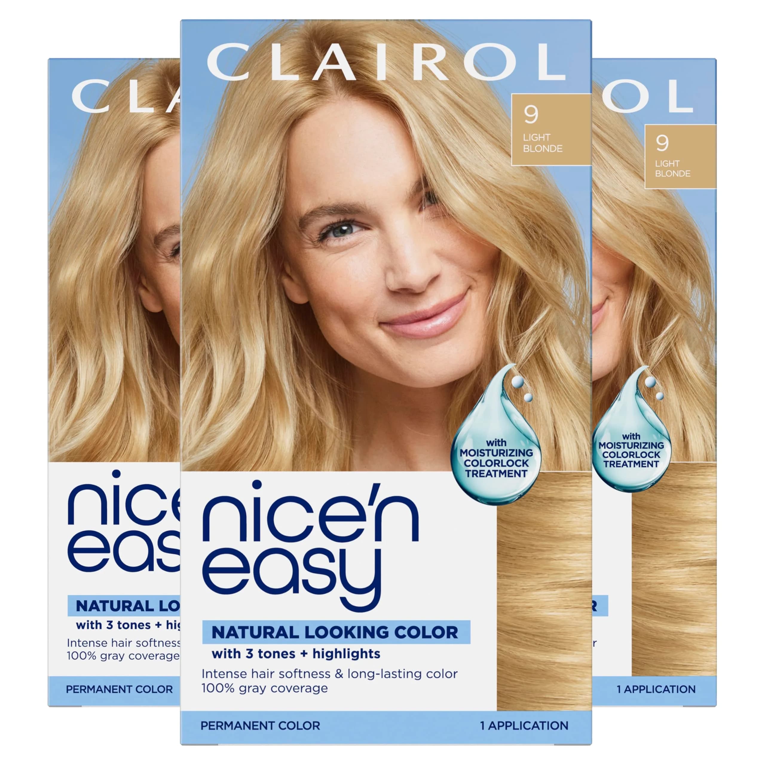 Clairol Nice'n Easy Permanent Hair Dye 9 Light Blonde Pack of 3 | Natural Looking Color with 100% Gray Coverage - main product image