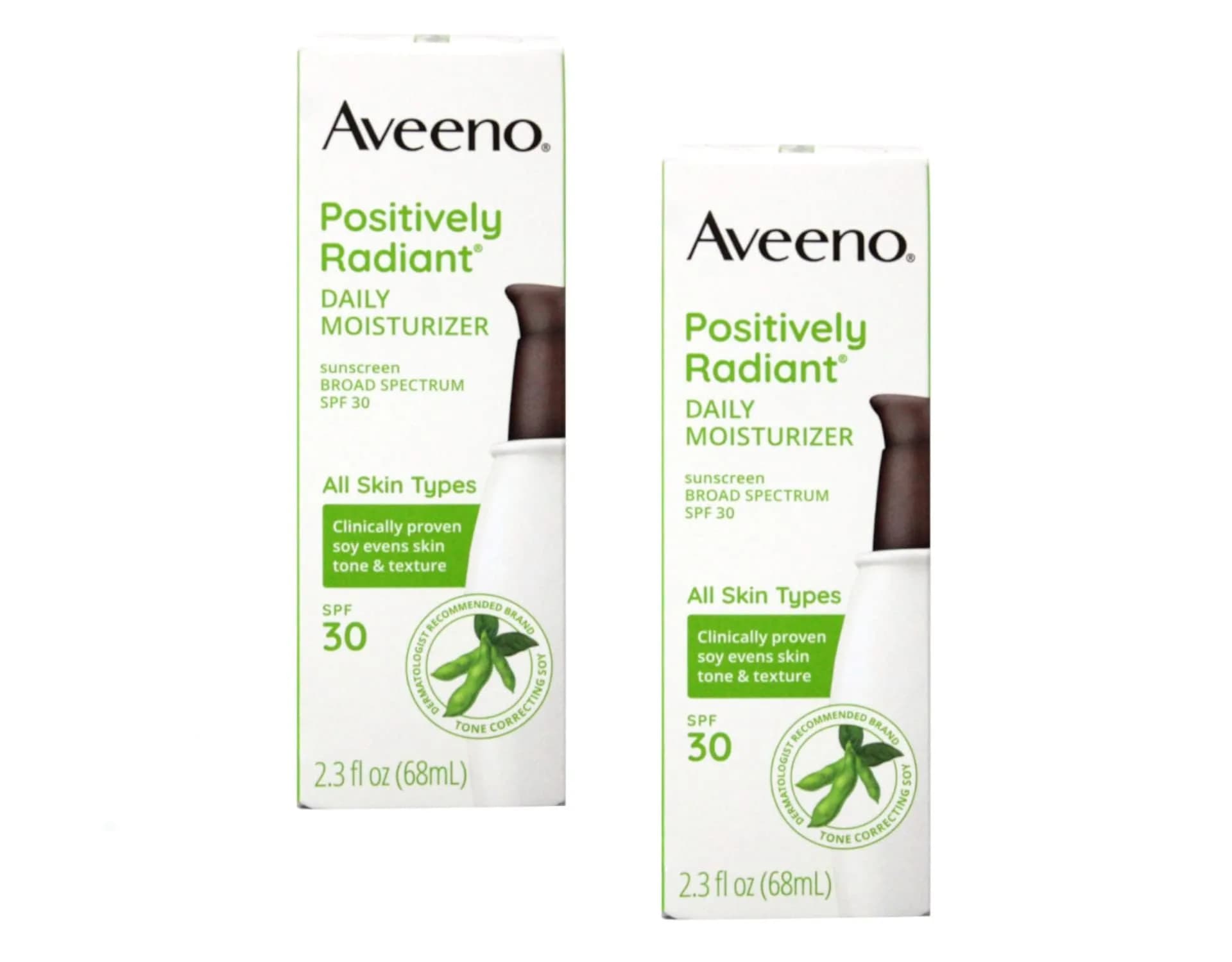 Aveeno Positively Radiant Daily Moisturizer SPF-30 UVA/UVB Sunscreen 2.3 Fl Oz (Pack of 2) | Brightening, Sensitive Skin Safe — 2.3 Fl Oz