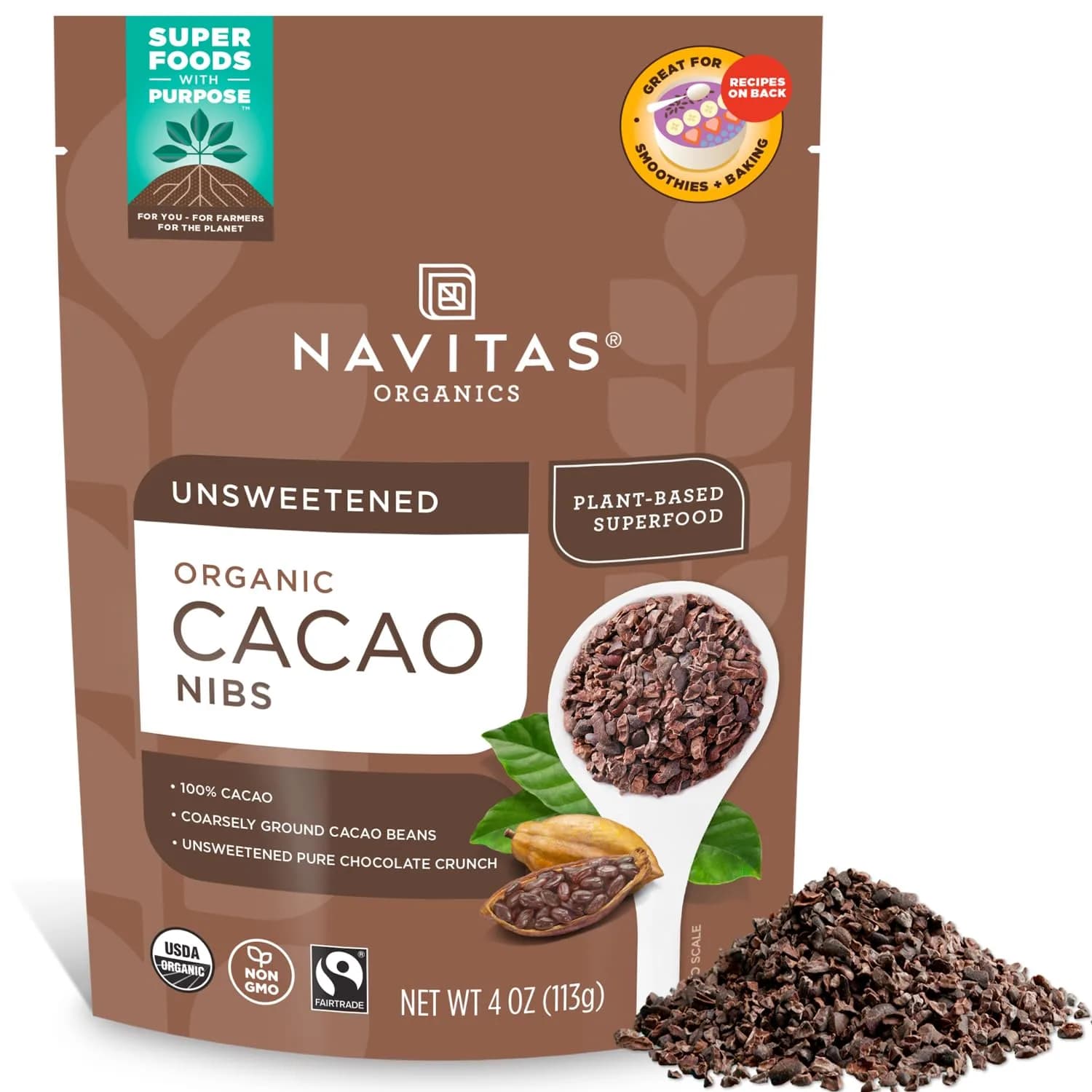 Navitas Organics Cacao Nibs – Unsweetened Dark Chocolate Crunch | USDA Organic, Fairtrade, Non-GMO (4oz, 38 Servings) - main product image