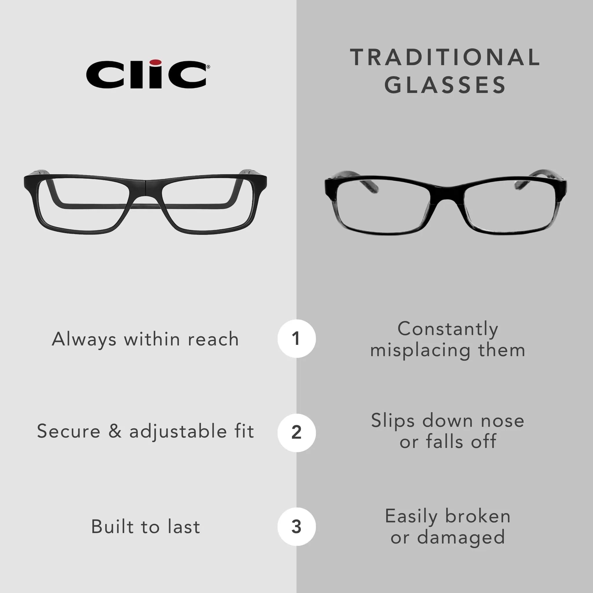 Clic Unisex Adult Long Adjustable Front Connect Ready Reader Glasses, Black, 2.50 Diopters | Unisex Adult Long Adjustable Front Connect Ready Reader Glasses - view 3