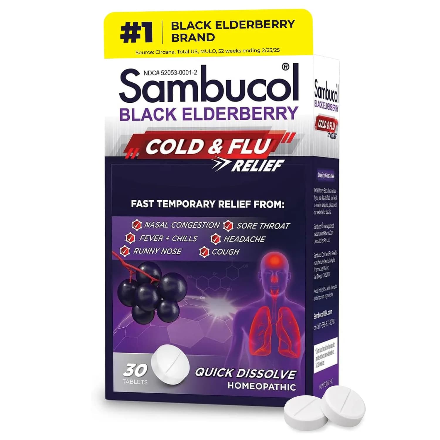 Sambucol Cold and Flu Relief Tablets - 30 Count | Fast-Dissolving Elderberry Remedy for Adults & Kids — No