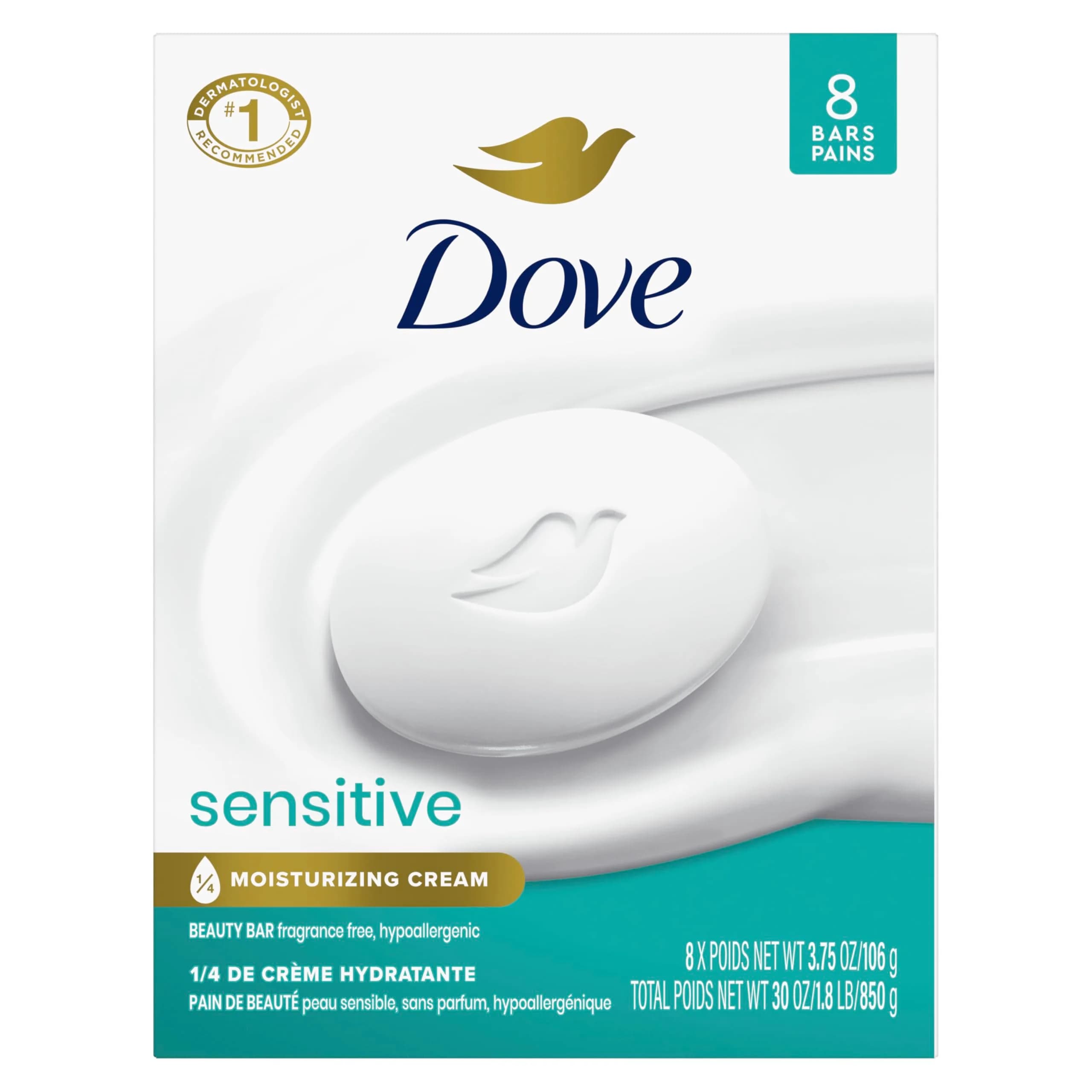 Dove Sensitive Skin Beauty Bar Soap, Fragrance Free & Hypoallergenic, 8 Bars (3.75 oz Each) - main product image
