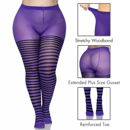 Leg Avenue Women's Nylon Striped Tights 3X-4X | Plus Size, Black/Purple, Nylon Pattern thumbnail 5