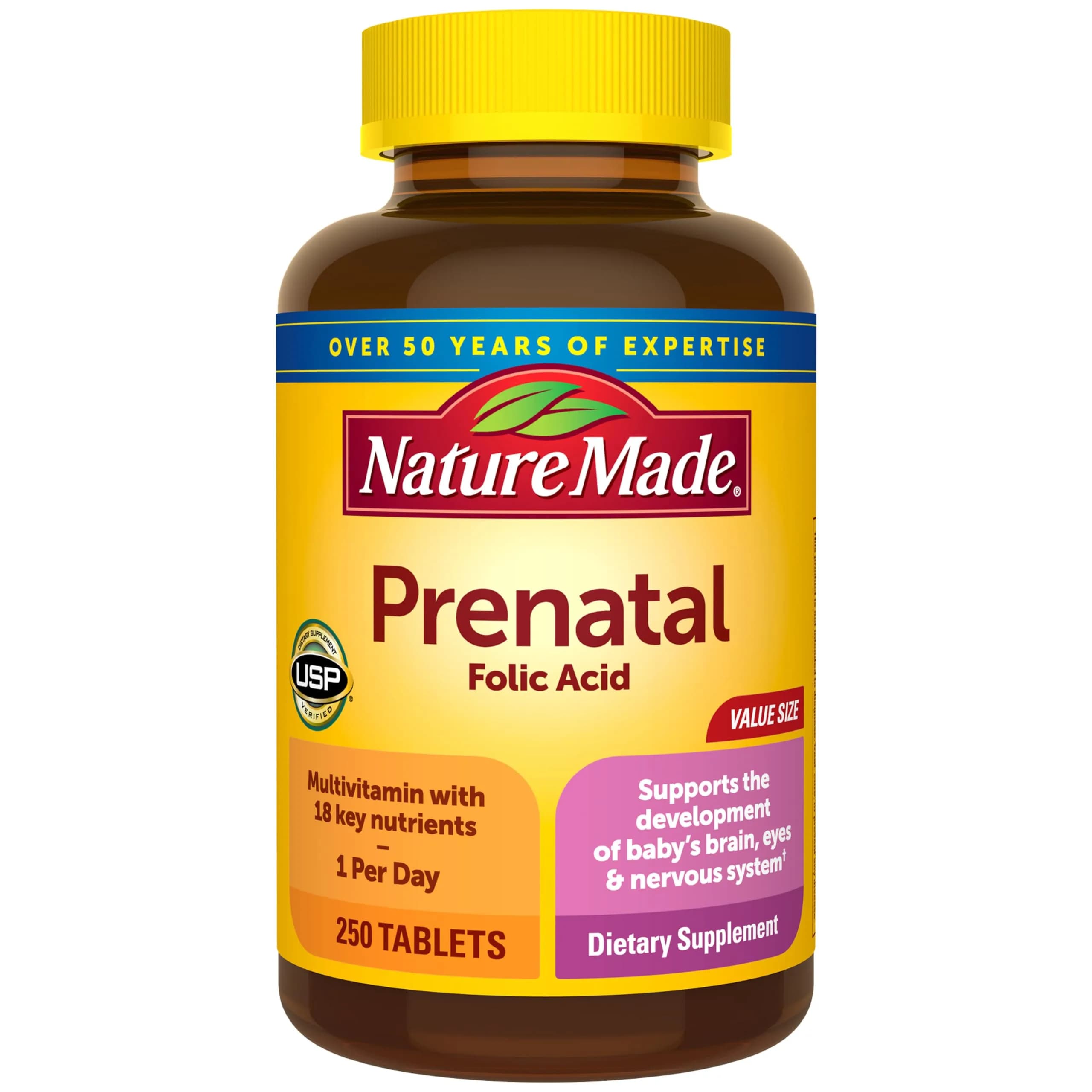 Nature Made Prenatal Multivitamin with Folic Acid, 250 Tablets | Supports Baby & Mom's Health — Tablet
