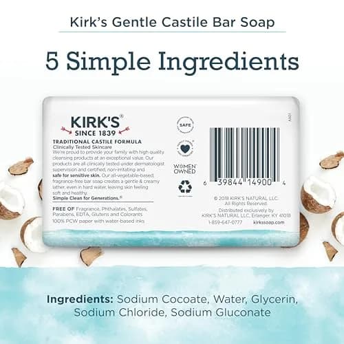Kirk's Coconut Castile Bar Soap 4 oz | Sensitive Skin Vegan Unscented thumbnail 2