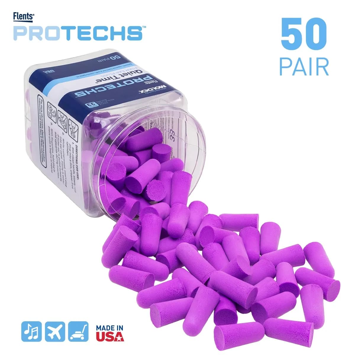 Flents Protechs Quiet Time Foam Ear Plugs, NRR 33, 50 Pair, Purple | High Noise Reduction Foam Earplugs - view 3