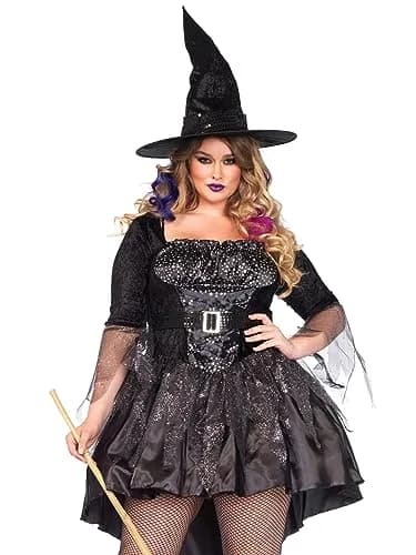 Leg Avenue Plus Size Black Magic Witch Costume 1X-2X | Tattered Glitter Tulle & Foil Star Bodice (70-120 chars) thumbnail 1