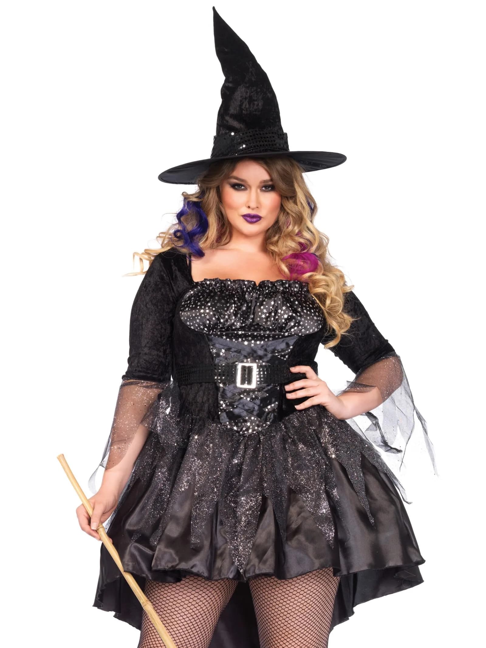 Leg Avenue Plus Size Black Magic Witch Costume 1X-2X | Tattered Glitter Tulle & Foil Star Bodice (70-120 chars)