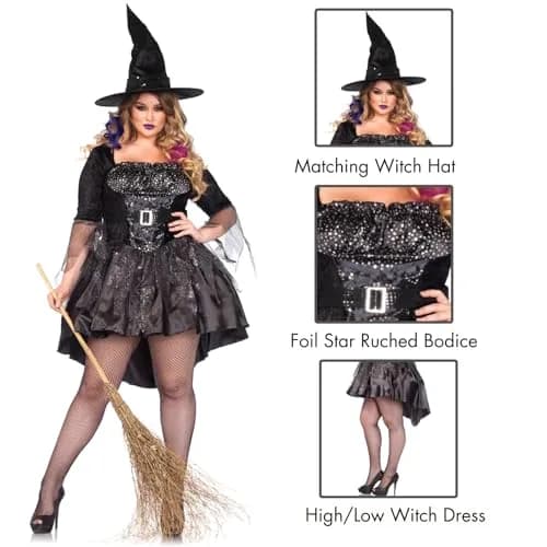Leg Avenue Plus Size Black Magic Witch Costume 1X-2X | Tattered Glitter Tulle & Foil Star Bodice (70-120 chars) thumbnail 2
