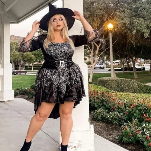 Leg Avenue Plus Size Black Magic Witch Costume 1X-2X | Tattered Glitter Tulle & Foil Star Bodice (70-120 chars) thumbnail 3