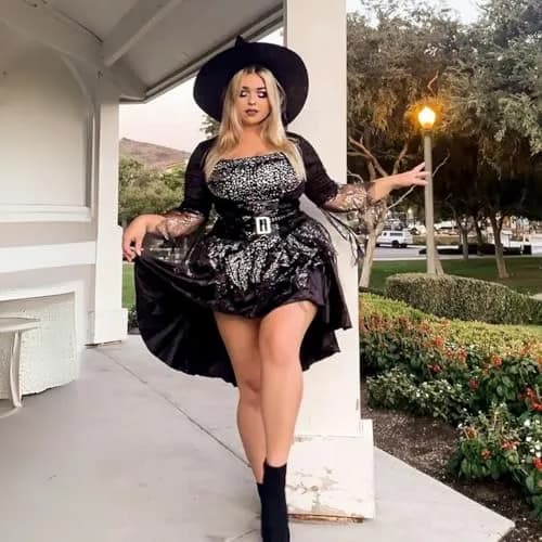 Leg Avenue Plus Size Black Magic Witch Costume 1X-2X | Tattered Glitter Tulle & Foil Star Bodice (70-120 chars) thumbnail 4