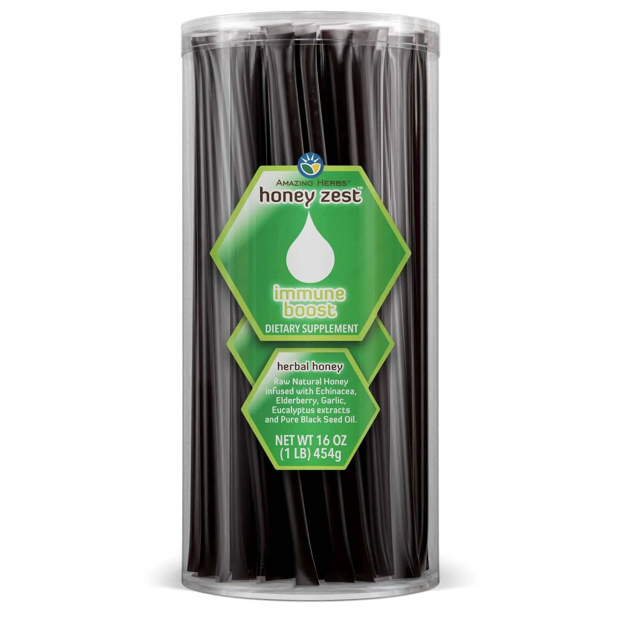 Amazing Herbs Natural Honey Sticks with Black Seed Oil, Echinacea & Elderberry | 100 Count Jar (17g/stick) - main product image