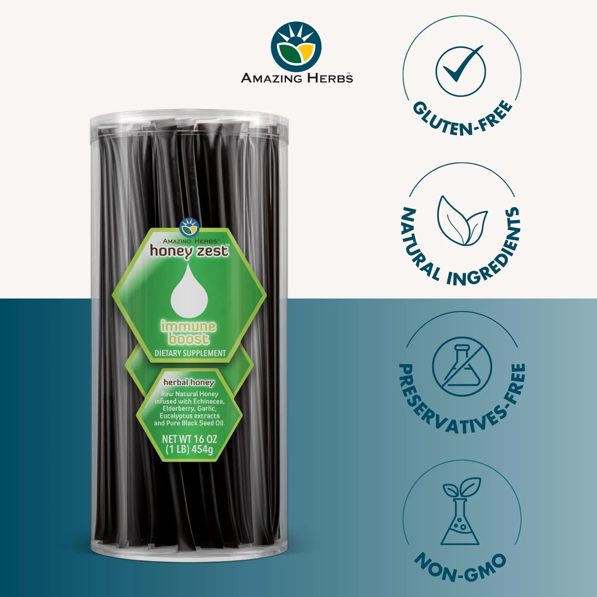 Amazing Herbs Natural Honey Sticks with Black Seed Oil, Echinacea & Elderberry | 100 Count Jar (17g/stick) - view 5