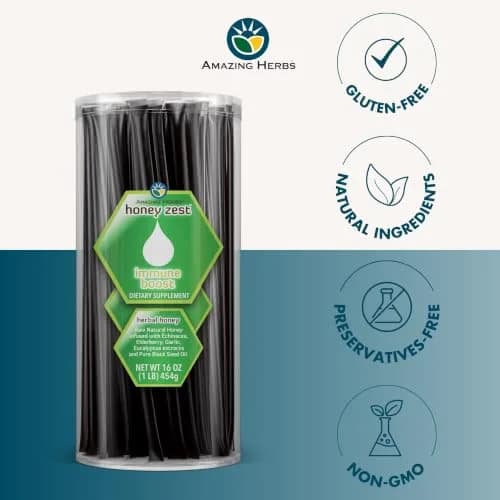 Amazing Herbs Natural Honey Sticks with Black Seed Oil, Echinacea & Elderberry | 100 Count Jar (17g/stick) thumbnail 5