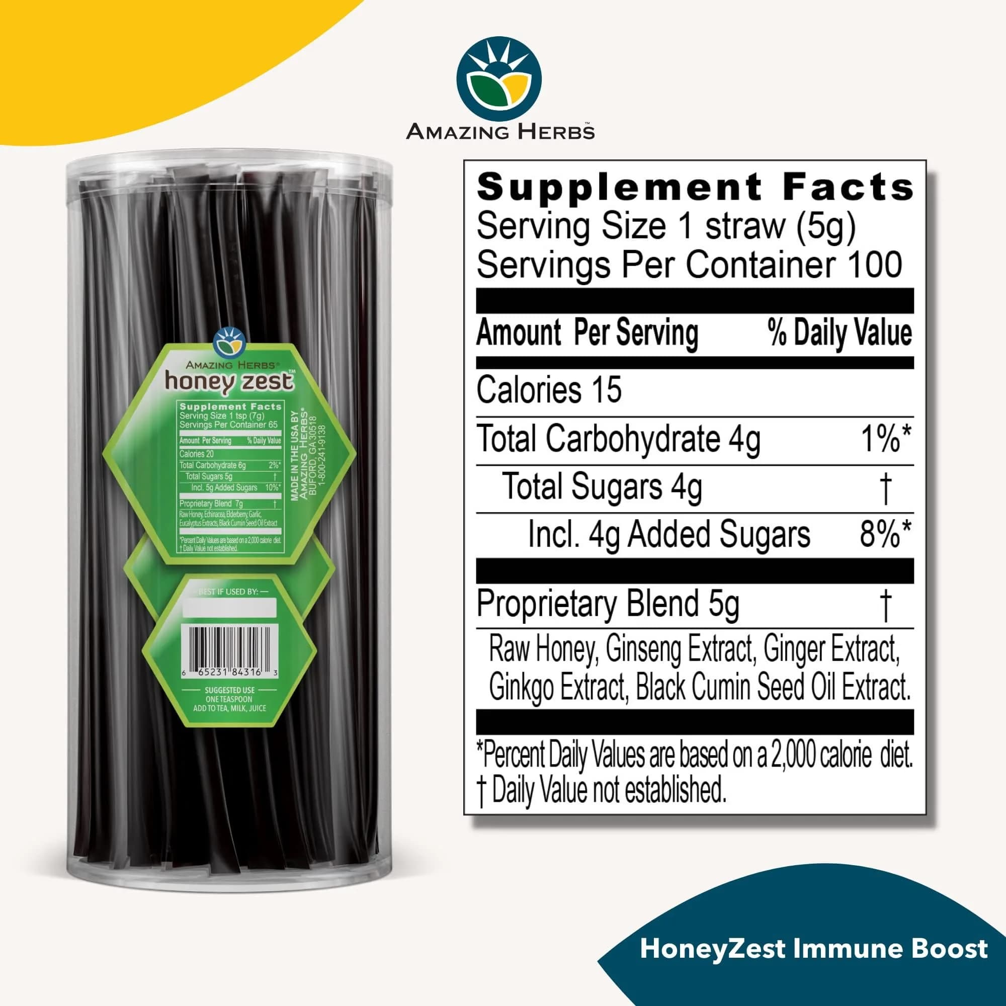 Amazing Herbs Natural Honey Sticks with Black Seed Oil, Echinacea & Elderberry | 100 Count Jar (17g/stick) - view 2