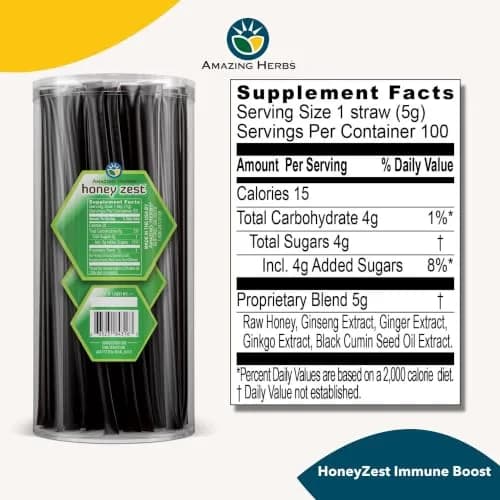 Amazing Herbs Natural Honey Sticks with Black Seed Oil, Echinacea & Elderberry | 100 Count Jar (17g/stick) thumbnail 2