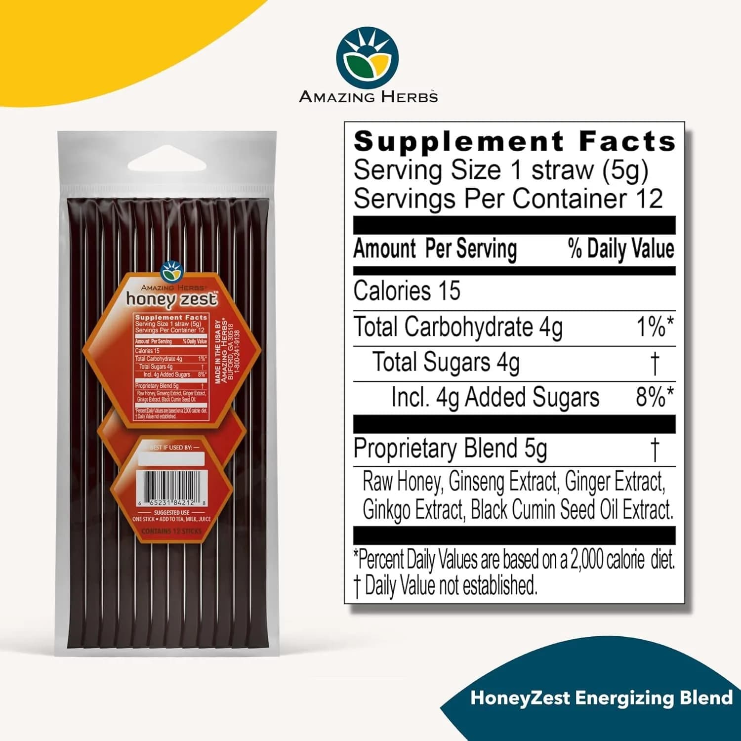 Amazing Herbs Natural Honey Sticks with Black Seed Oil, Ginseng & Ginger 12 Count (5g Each) | Gluten-Free Dietary Supplement - view 2