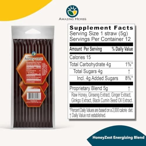 Amazing Herbs Natural Honey Sticks with Black Seed Oil, Ginseng & Ginger 12 Count (5g Each) | Gluten-Free Dietary Supplement thumbnail 2
