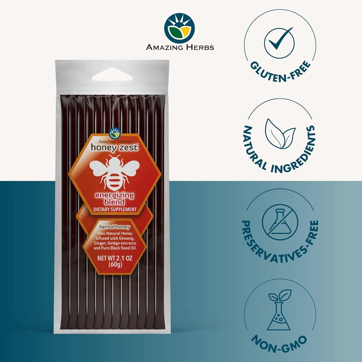 Amazing Herbs Natural Honey Sticks with Black Seed Oil, Ginseng & Ginger 12 Count (5g Each) | Gluten-Free Dietary Supplement - view 3