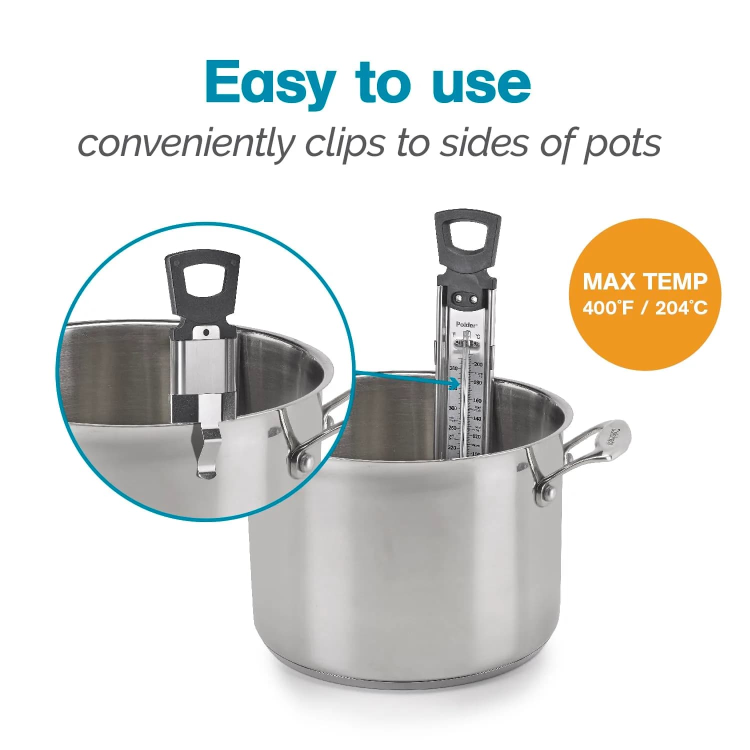 Polder Stainless Steel Candy Thermometer with Pot Clip, 30-200°C (90-400°F) | Accurate Readings for Jams, Candies, and Deep Frying - view 3