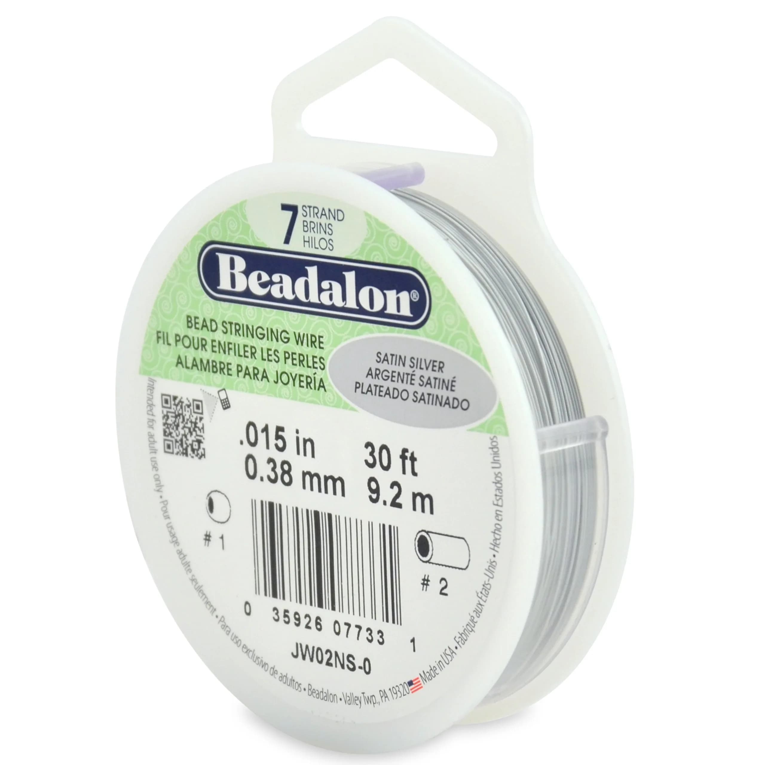 Beadalon 7-Strand Stainless Steel Beading Wire - 0.38 mm Satin Silver, 30 ft - main product image