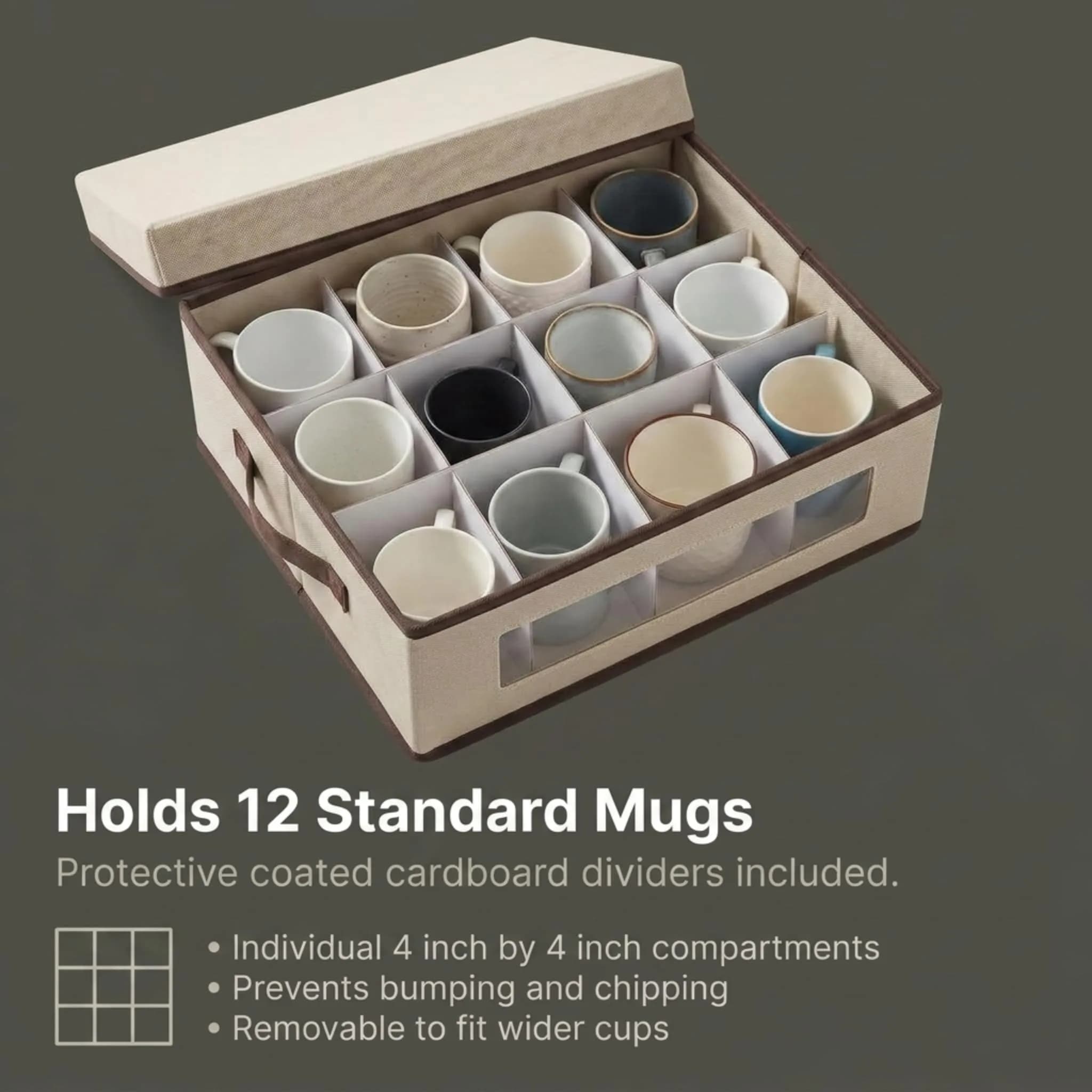 Household Essentials Vision China Storage Box for Tea Cups and Mugs with Lid and Handles | 33.6cm D x 39.4cm W x 14cm H - view 9