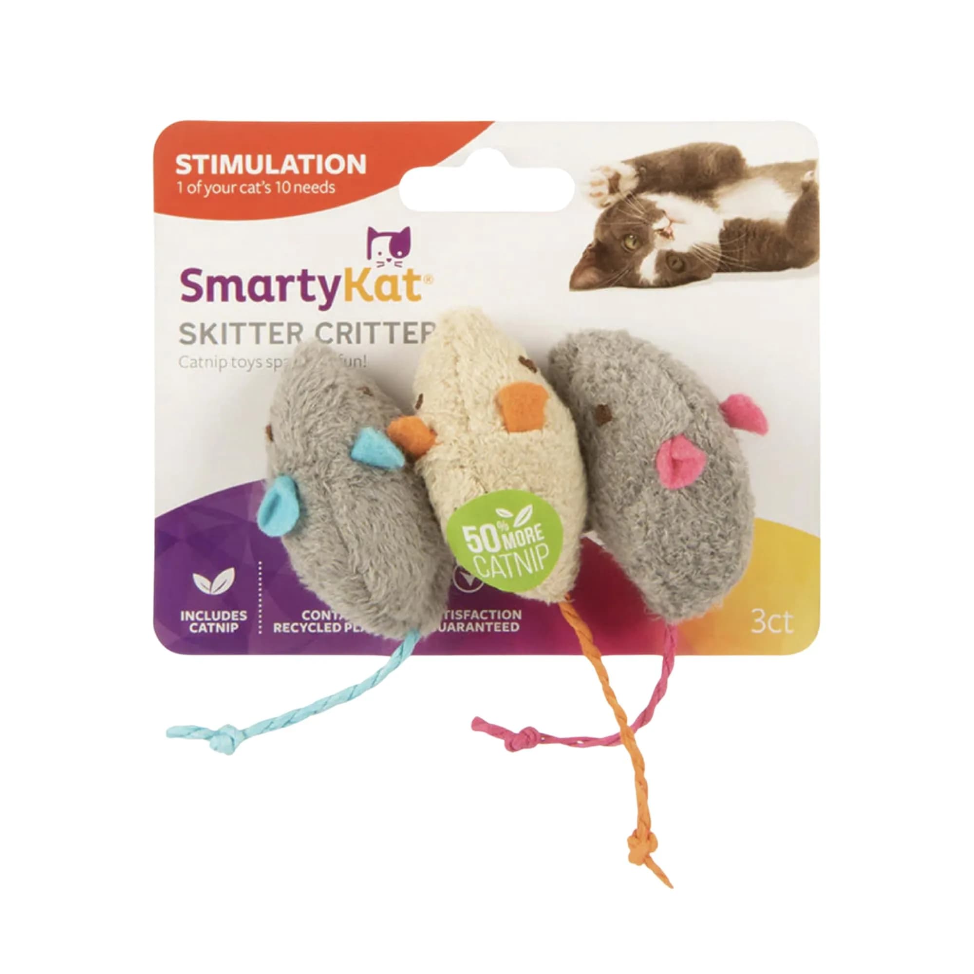 SmartyKat Skitter Critters Catnip Cat Toys - Gray/Cream, 3 Count | Catnip-Filled Mice for Play & Exercise — Gray and Cream