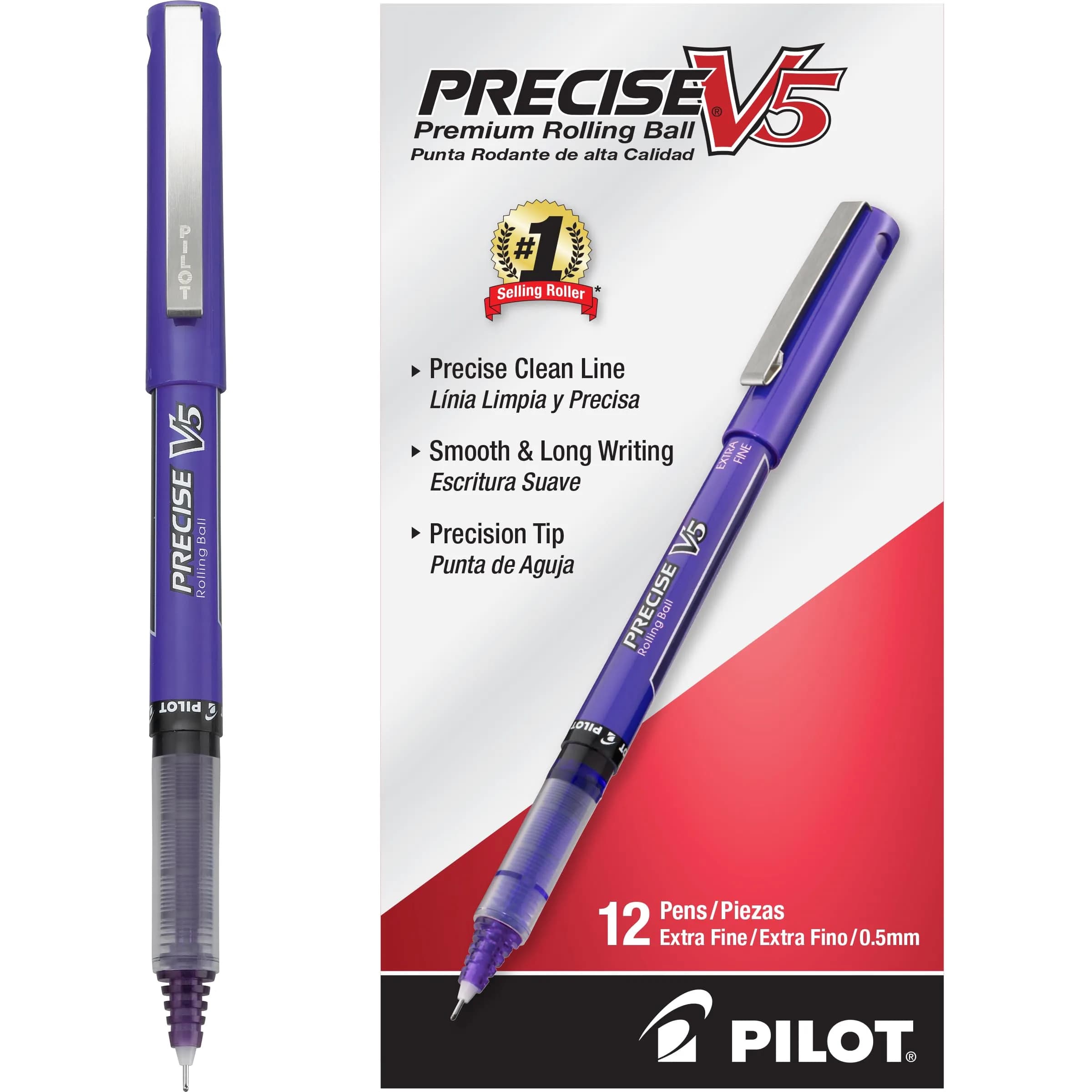 PILOT Precise V5 Stick Pens Extra Fine Point 0.5mm Red 12-Pack | Smooth Liquid Ink Rollerball Pens — Purple