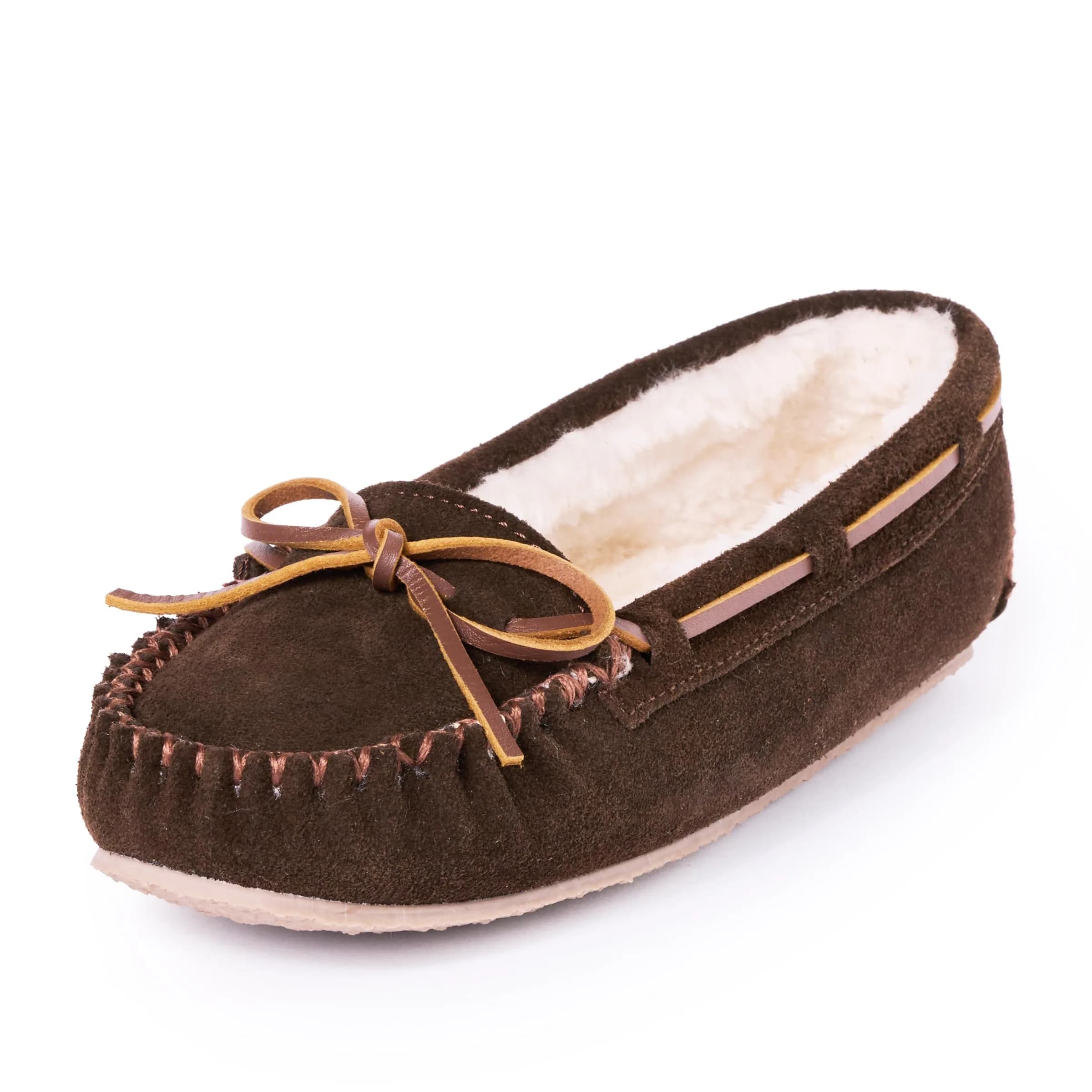 Minnetonka Cally Moccasin Slipper, Size 9 | Classic Brown Suede, Faux Fur Lining, Indoor Comfort - main product image