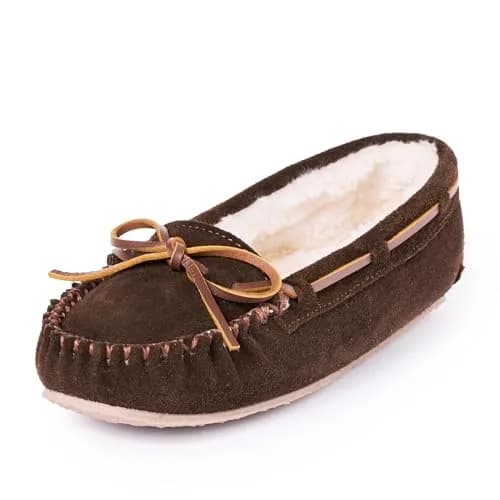 Minnetonka Cally Moccasin Slipper, Size 9 | Classic Brown Suede, Faux Fur Lining, Indoor Comfort thumbnail 1