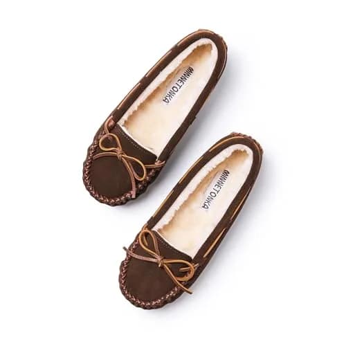 Minnetonka Cally Moccasin Slipper, Size 9 | Classic Brown Suede, Faux Fur Lining, Indoor Comfort thumbnail 2