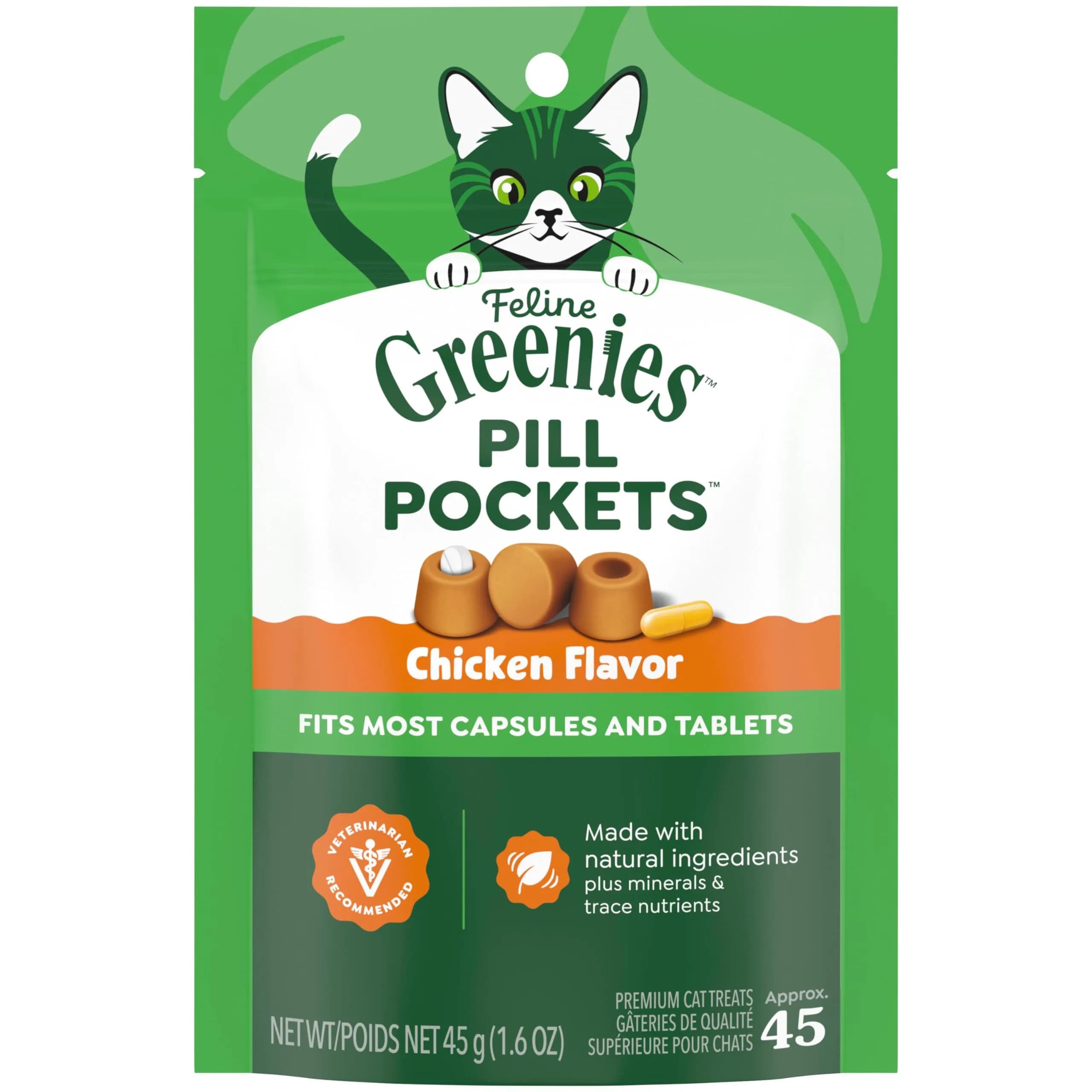 Greenies Feline Pill Pockets Soft Cat Treats, Chicken Flavor, 45 Count | Vet-Recommended Pill Hiding Treat - main product image