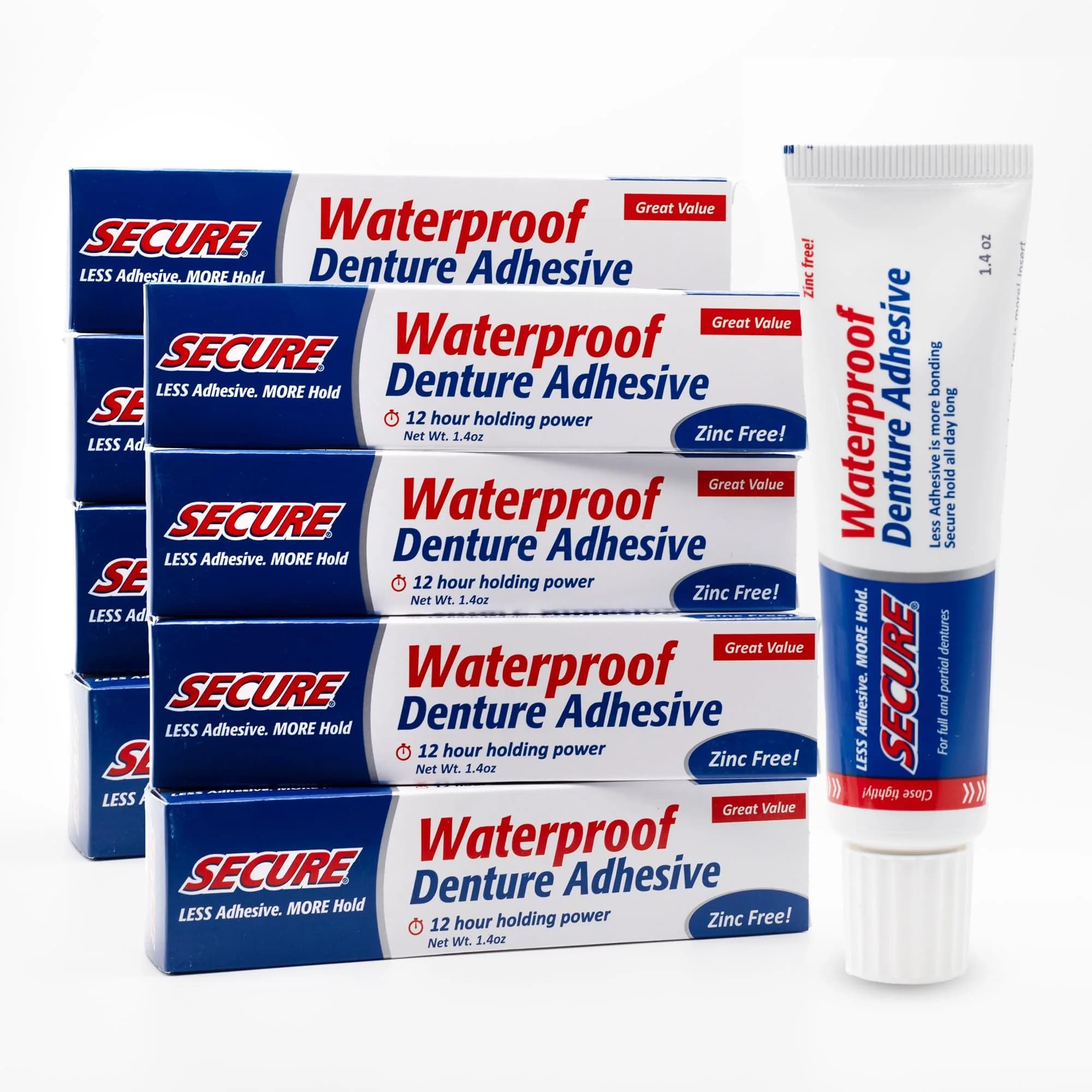 Secure Denture Adhesive Cream 11.2 oz (8 x 1.4 oz Tubes) | Waterproof Seal, Zinc-Free, Food Grade Ingredients - main product image