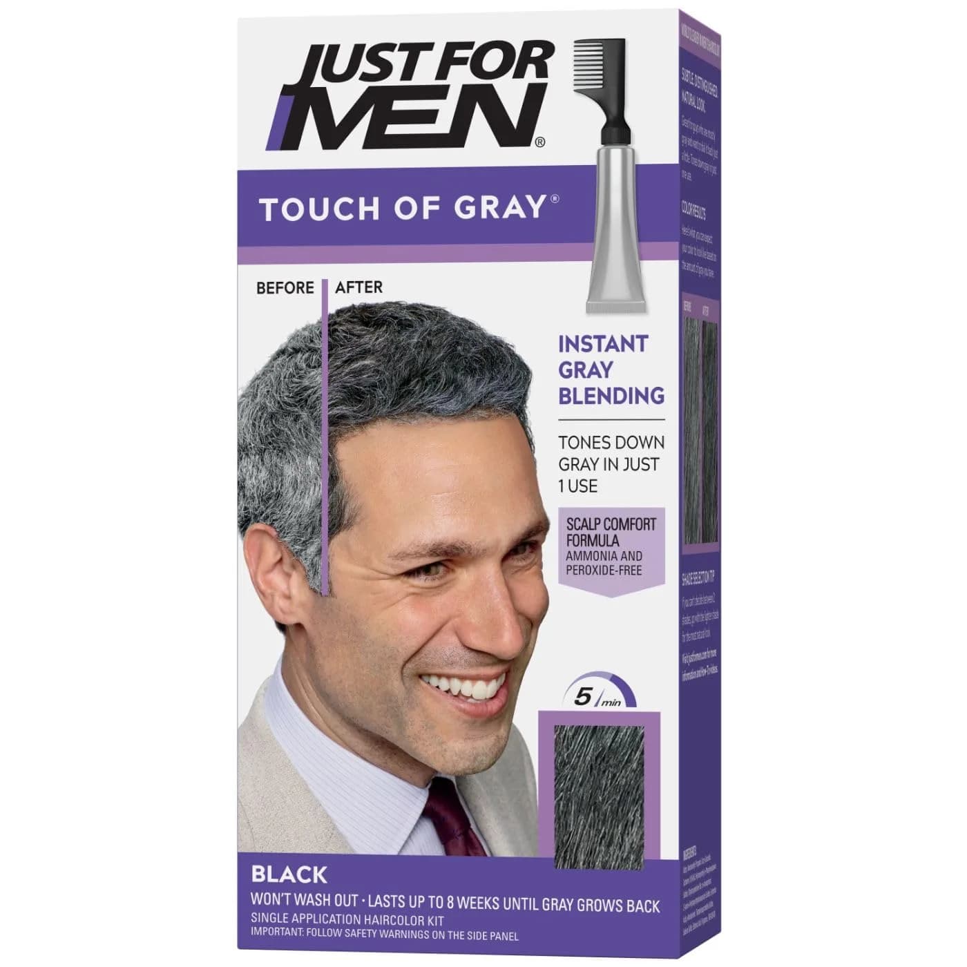 Just For Men Touch of Gray Hair Color, Salt & Pepper Look, Black T-55, 1 Kit | Ammonia & Peroxide Free - main product image