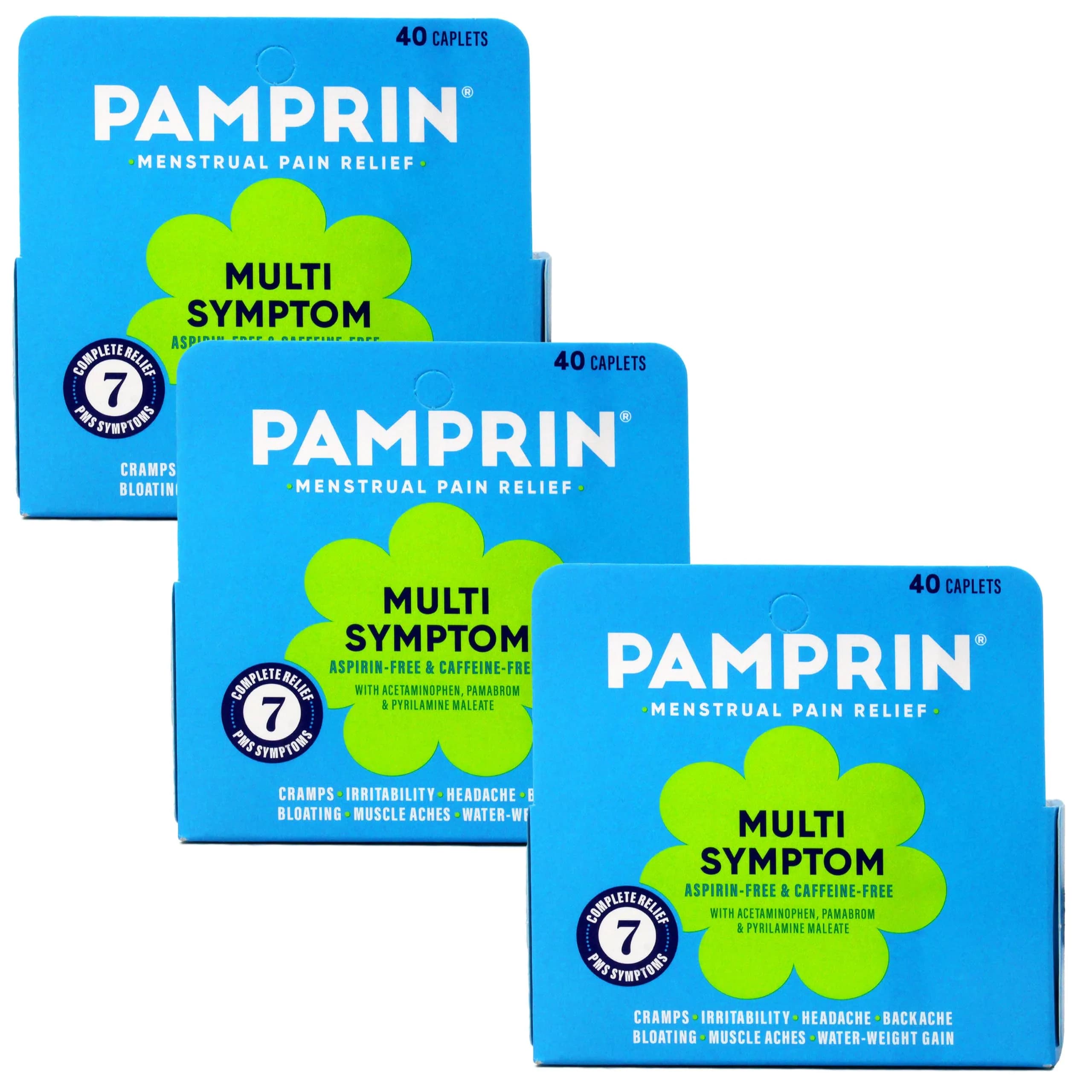 Pamprin Maximum Strength Multi-Symptom Menstrual Relief Tablets, 40-Count Boxes (Pack of 3) | Effective Menstrual Discomfort Relief — Caplets,Tablets