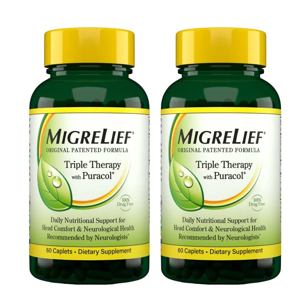 MigreLief Original Triple Therapy with Puracol - Nutritional Support for Migraine Sufferers (2 Pack) | Effective, Non-GMO, USA Made — Migrelief Original Formula Triple Therapy With Puracol Caplets 60 Caplets