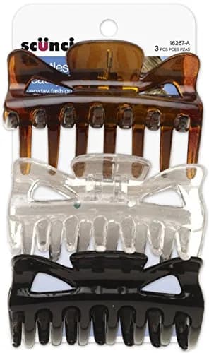 Scunci Effortless Beauty Basic Jaw Clips, Assorted Colors, 3-Count | Strong Teeth Hold Thick Hair