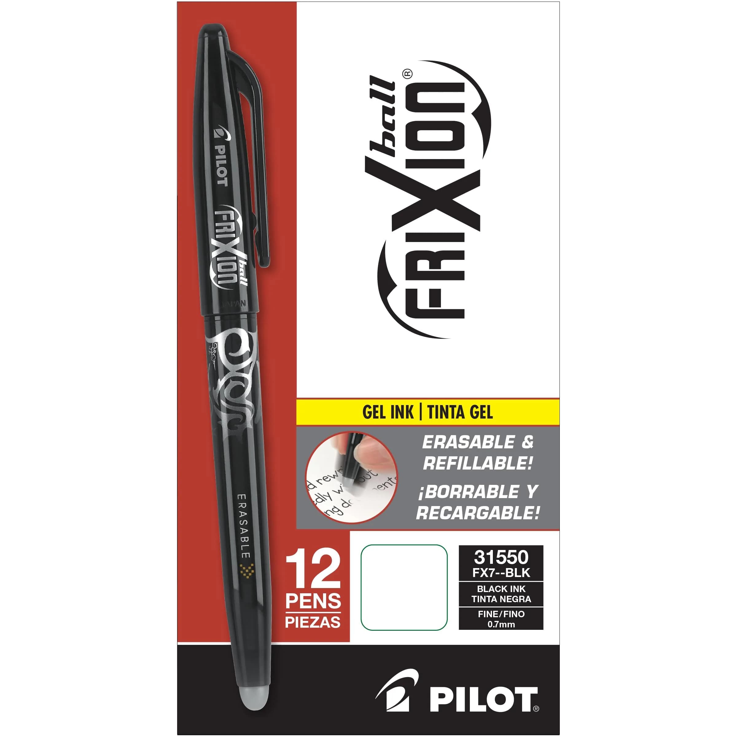 PILOT FriXion Ball Erasable Gel Ink Pen 12-Pack | Fine 0.7mm, Refillable, Black Ink, Office & School Supplies