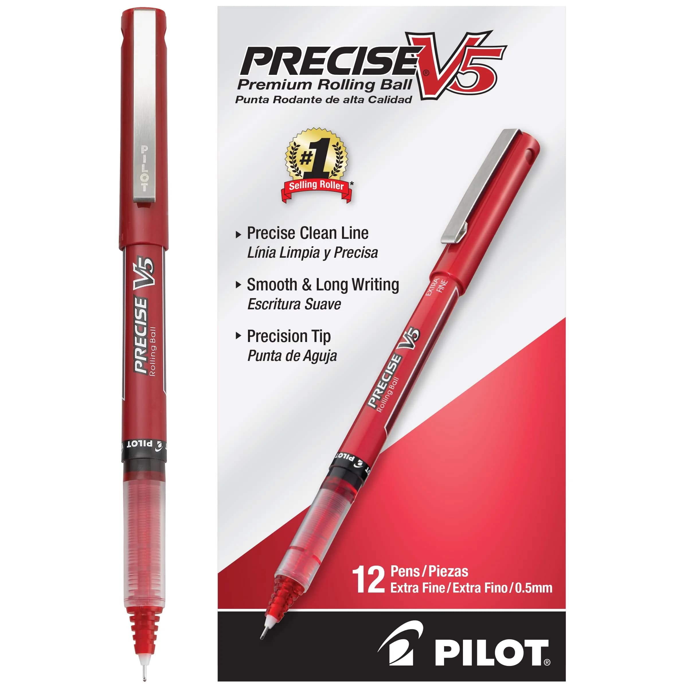 PILOT Precise V5 Stick Pens Extra Fine Point 0.5mm Red 12-Pack | Smooth Liquid Ink Rollerball Pens — Red
